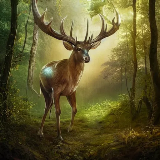 Image similar to beautiful hyper realistic elven, celestial highly detailed stag, in a beautiful highly detailed forest background. sunlight rays throught the trees. fantasy art, concept art 8 k rendering.