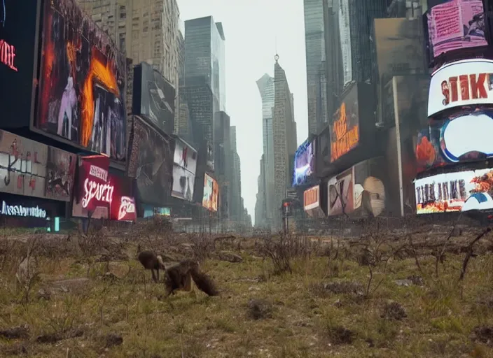 Prompt: film still of post apocalyptic empty time square, overgrown with wildlife walking through in the new sci - fi movie, 8 k