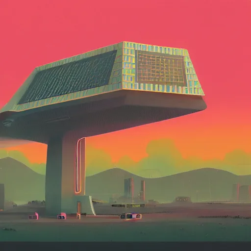 Prompt: A building shaped like a MiniDisc, afrofuturism, Simon Stalenhag, 8K concept art, red skies, intricate details, minimal artifacting