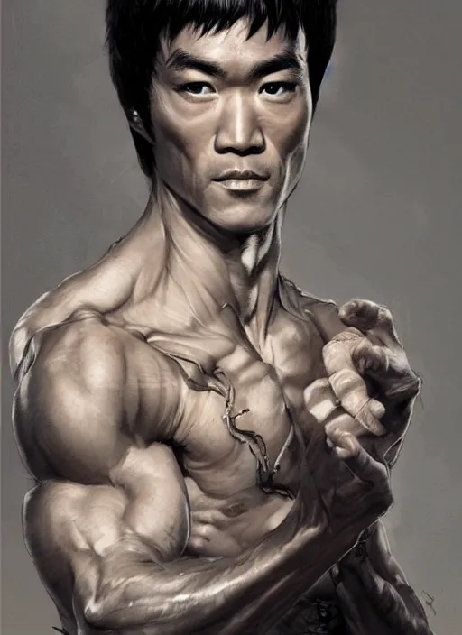 Image similar to Portrait of Bruce Lee, marvel comics, dark, intricate, highly detailed, smooth, artstation, digital illustration by Ruan Jia and Mandy Jurgens and Artgerm and Wayne Barlowe and Greg Rutkowski and Frank Frazetta