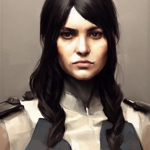 Image similar to Portrait of a woman by Greg Rutkowski, she is about 30 years old, black wavy hair with bangs, her features are a mix between French, Turkish and Russian, younger sister vibes, she is wearing a futuristic police gear, highly detailed portrait, digital painting, artstation, concept art, smooth, sharp foccus ilustration, Artstation HQ.