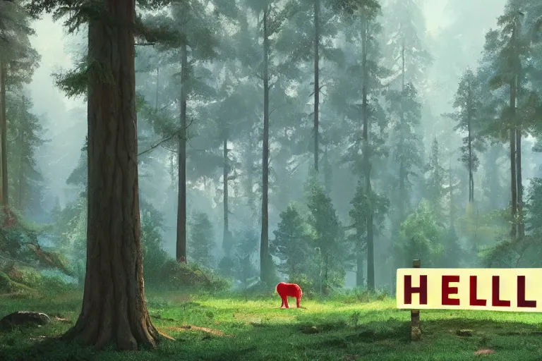Image similar to Hello World sign in a forest by Beeple RHADS and Greg Rutkowski trending on artstation, unreal_engine, 4k, high quality. render di
