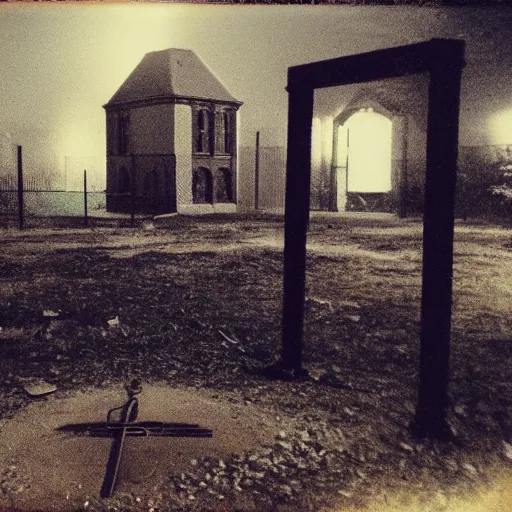 Image similar to occult sacrifice site in an abandoned school playground, dark and scary lighting, real photo taken with Polaroid camera