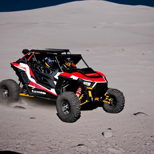 Image similar to action photography of a polaris rzr driving on the moon, 8 k photography, action sports