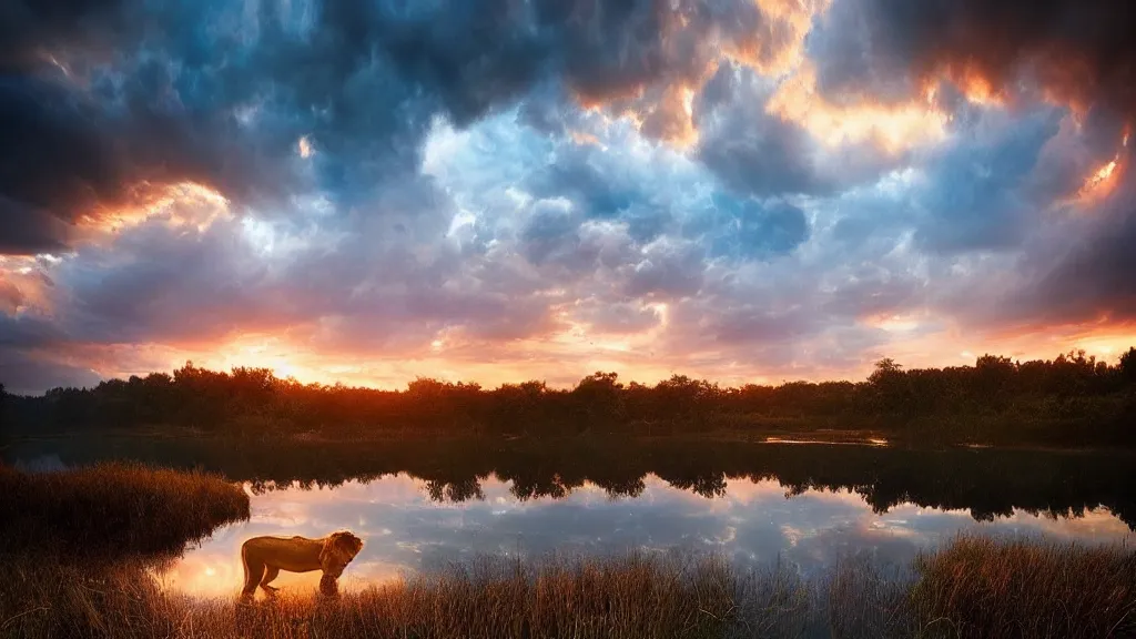 Image similar to amazing landscape photo of a lion bathing in a lake in sunset by marc adamus, beautiful dramatic lighting