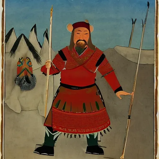 Prompt: genghis khan as a janitor in a dimly lit elementary school