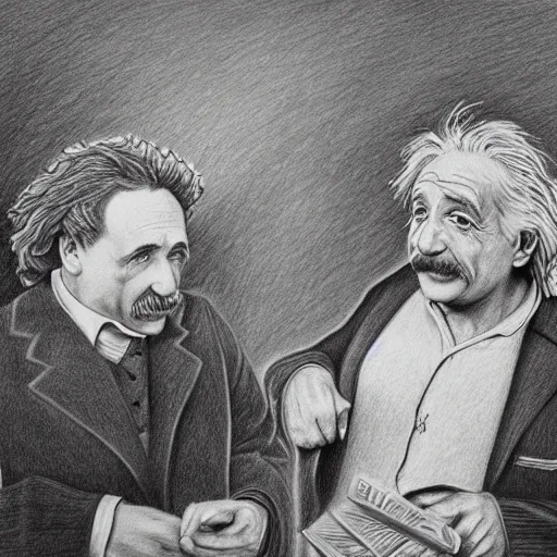 Prompt: Einstein and Newton speaks each other on a topic, pencil drawing, ultra detailed