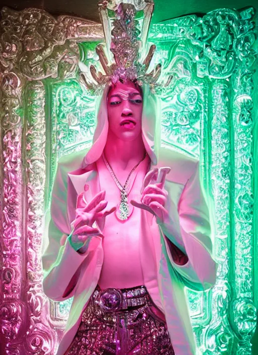 Image similar to photo of baroque and bladerunner delicate neon diamond sculpture of ceramic seductive albino prince xavier serrano delicious tongue sticking out, creamy pink iridescent humanoid deity wearing red furry hoody holding diamond skull in a green metallic dungeon, reclining, glowing rainbow face, crown of white diamonds, cinematic lighting, photorealistic, octane render 8 k depth of field 3 d