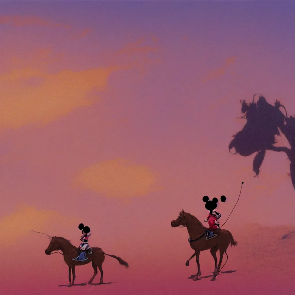 Image similar to Mickey Mouse riding a horse in a desert, pink sky, high definition, by Moebius