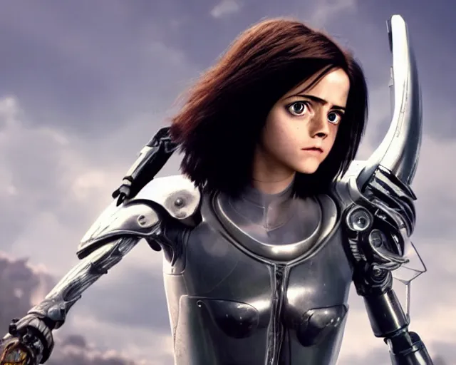 Image similar to a film still from battle angel alita played by actress emma watson, futuristic, cinematic lighting, photorealistic, lifelike, highly detailed, photorealistic, high resolution