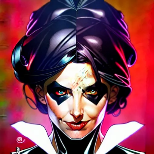 Image similar to artgerm, joshua middleton comic cover art, pretty domino character marvel comics sarah michelle gellar, place white skin, asymmetrical black spot covering left eye only, no spot right eye white around right eye asymmetrical eye