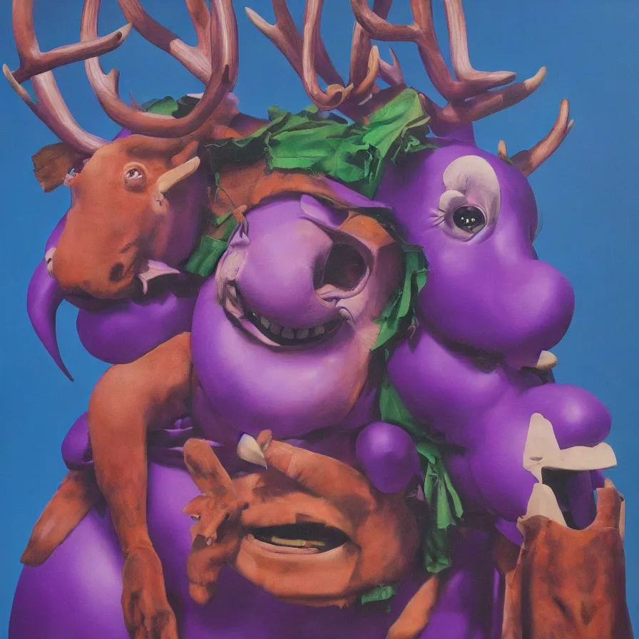Prompt: rare hyper realistic painting by dennis hopper, studio lighting, brightly lit purple room, a blue rubber ducky with antlers laughing at a giant crying rabbit with a clown mask