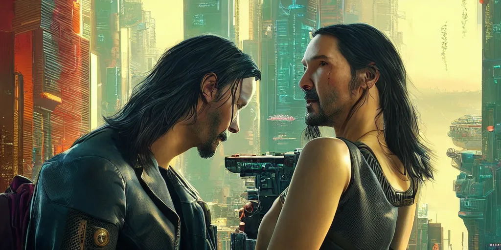 Image similar to a cyberpunk 2077 srcreenshot couple portrait of Keanu Reeves and a female android final kissed in night city,love,film lighting,by Lawrence Alma-Tadema,Andrei Riabovitchev,Laurie Greasley,Dan Mumford,John Wick,Speed,Replicas,artstation,deviantart,FAN ART,full of color,Digital painting,face enhance,highly detailed,8K,octane,golden ratio,cinematic lighting