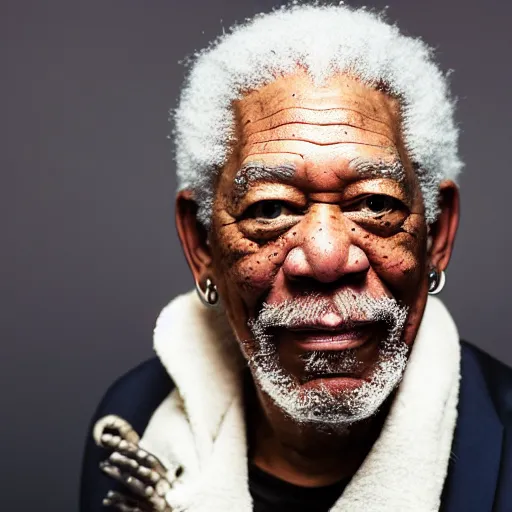 Image similar to a studio photograph of Morgan Freeman dressed as Travis Scott, 40mm lens, shallow depth of field, split lighting