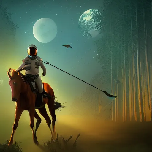 Image similar to arrows struck astronaut riding a horse in a fantasy forest, landscape, evening ambience, sunset, cinematic, digital art, front lit, epic, cinematic