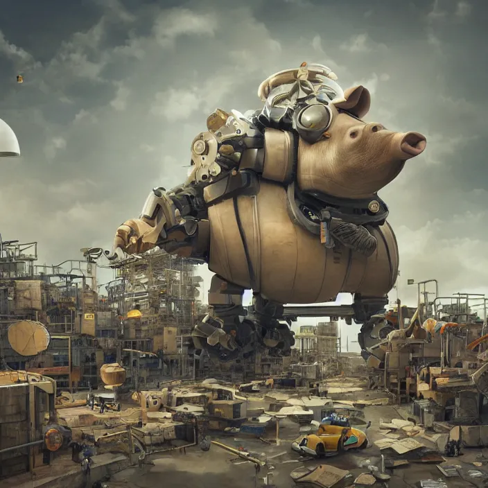 Image similar to crew of robot workers building giant pig, octane render, 4 k ultra hd, hyper - detailed, realistic, seedy lighting, sharp focus, in style of beeple gediminas pranckevicius