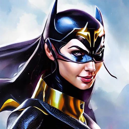 Image similar to a close up face of gal gadot as batgirl, by Stanley Artgerm Lau, WLOP, Rossdraws, James Jean, Andrei Riabovitchev, Marc Simonetti, Yoshitaka Amano, ArtStation, CGSociety,