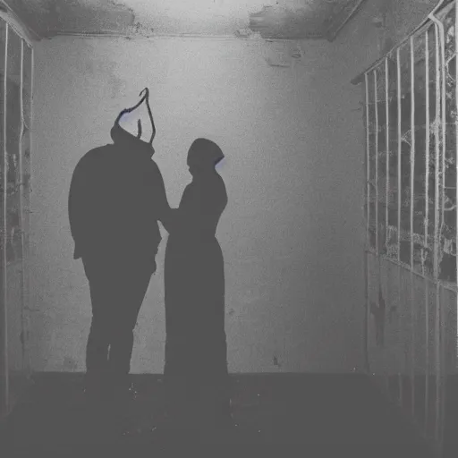 Image similar to a dark photo of two shadowy figures hugging each other in a birdcage in an abandoned hall, paint is falling off, black and white, 5 0 mm