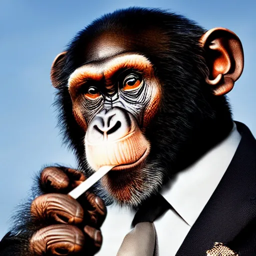 Image similar to a high detail shot of a chimp wearing a suit and smoking