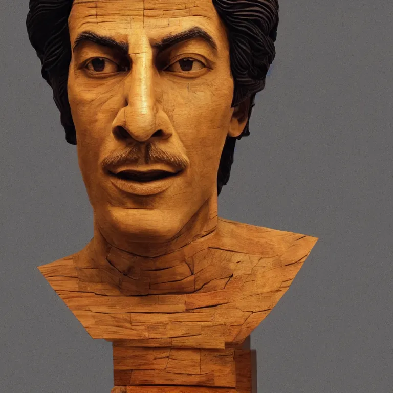 Prompt: public sculpture minimalist bust portrait of a shah rukh khan, beautiful symmetrical face accurate face detailed face realistic proportions, carved out of cedar wood on a pedestal by stephan balkenhol and martin puryear and ron mueck, hyperrealistic dramatic lighting shocking detail trending on artstation 8 k