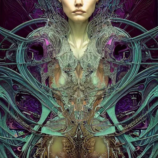 Prompt: cyberpunk art nouveau by alexander mcqueen, zdzisław beksinski and alphonse mucha. highly detailed, hyper - real, very beautiful, intricate fractal details, very complex, opulent, epic, mysterious, trending on deviantart and artstation, polished and minimalist redesign by zaha hadid and iris van herpen