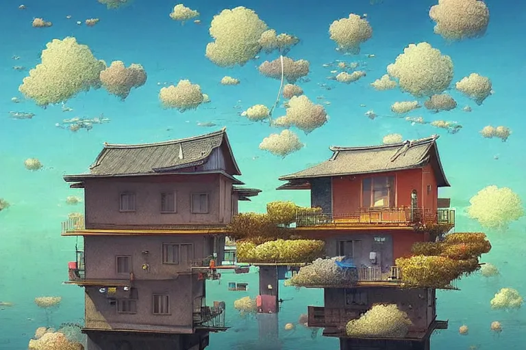 Image similar to surreal kyoto suburb, floating house in the sky, summer morning, very coherent and colorful high contrast, art by!!!! gediminas pranckevicius!!!!, geof darrow, dark shadows, hard lighting