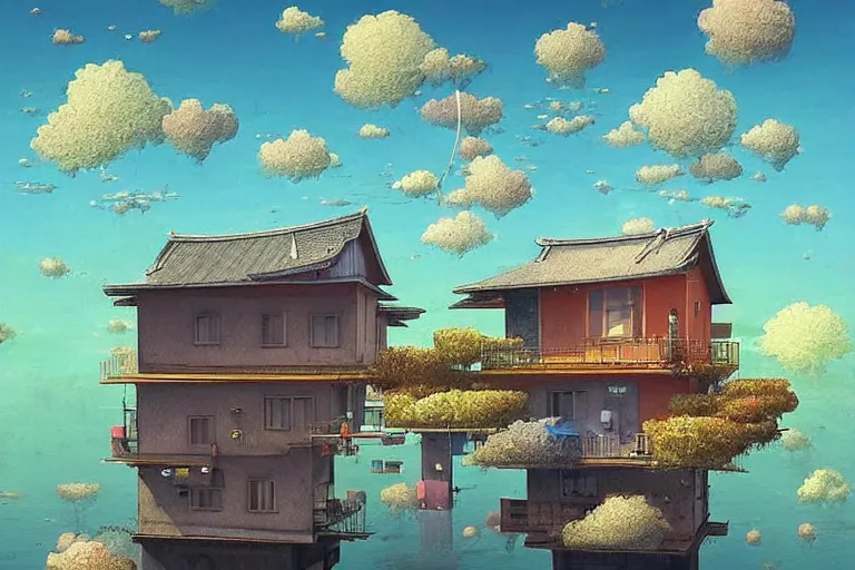 surreal kyoto suburb, floating house in the sky,, Stable Diffusion