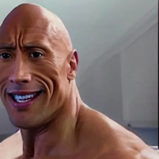 Prompt: cctv footage of dwayne the rock johnson as the tooth fairy robbing a bank