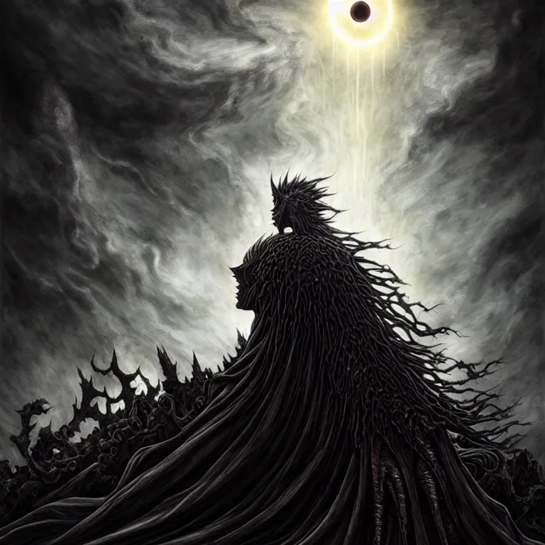 Image similar to epic professional digital art of eclipse from berserk manga, dark fantasy painted, intricate, detailed, detailed, foreboding, by leesha hannigan, wayne haag, reyna rochin, ignacio fernandez rios, mark ryden, iris van herpen,, epic, stunning, gorgeous, much wow, cinematic, masterpiece.