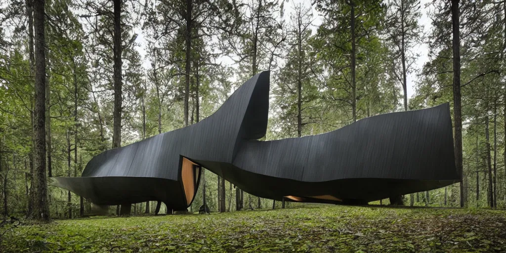 Image similar to wooden cabin designed by zaha hadid in an ominous forest, architectural photography