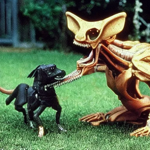Image similar to a xenomorph from the movie alien eating a small dog in a suburban backyard. Production photograph from 90s film.
