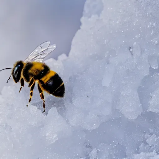 Prompt: a bee finding a beautiful flower made of snowflakes in antarctica, only snow i the background, beautiful macro photography, ambient light