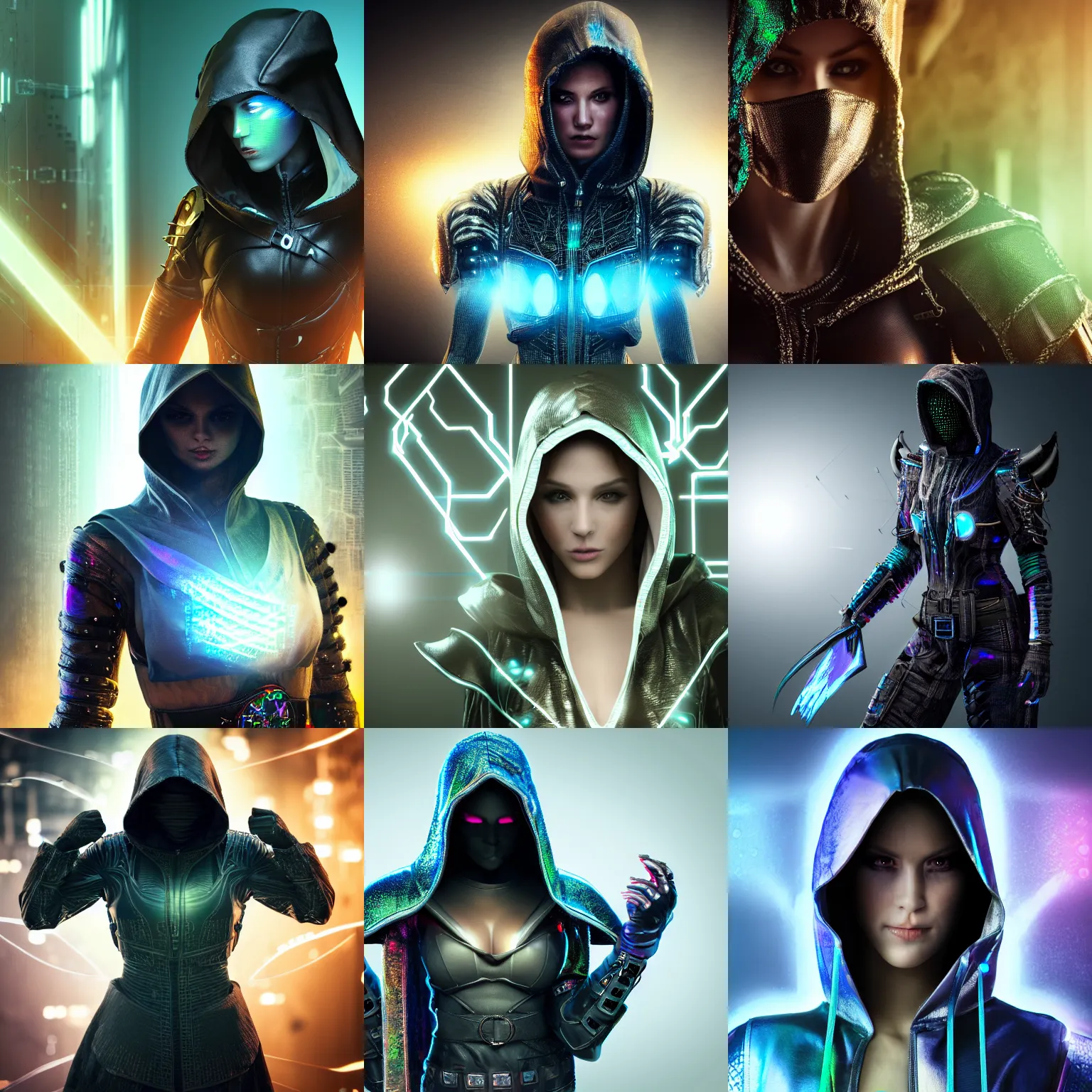 Prompt: Super realistic 8K render of a dark hooded powerful elegant elite rogue assassin wearing iridescent armor coated in complex circuitry and motherboards