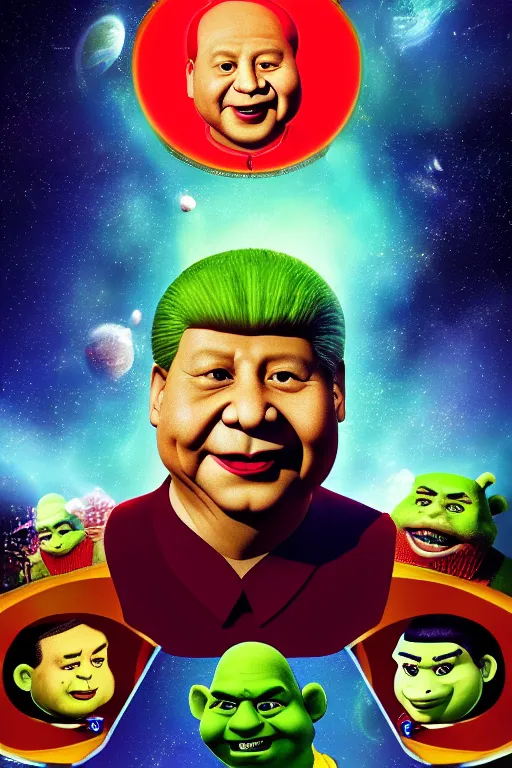 Prompt: portrait of Xi Jinping dressing up as Shrek, Xi Jinping, rule of thirds, captivating glowing lights, Star Trek setting, on interstellar space, photo realistic by Yaşar VURDEM , artstation, unreal engine, character concept art by Moebius, high quality printing