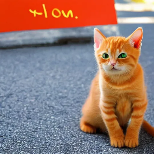 Prompt: cute orange tabby kitten with a sign that says