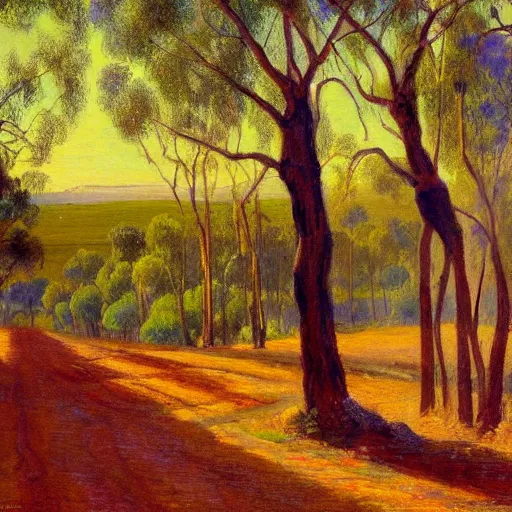 Image similar to a painting of a dirt road surrounded by eucalyptus trees and california golden poppies, woodland hill in the distance. an oil painting by Julian Onderdonk, green orange violet triadic color palette, featured on deviantart, australian tonalism, pre-raphaelite, impressionism, detailed painting