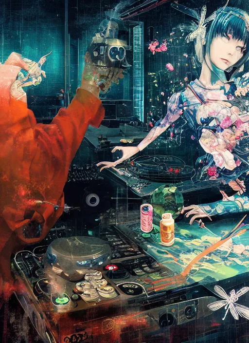 Image similar to surreal gouache painting, by yoshitaka amano, by ruan jia, by Conrad roset, by good smile company, detailed anime 3d render of a medicine pills Surrounded by a magical dragonfly and a big DJ Mixer, deck, portrait, cgsociety, artstation, rococo mechanical and Digital and electronic, dieselpunk atmosphere