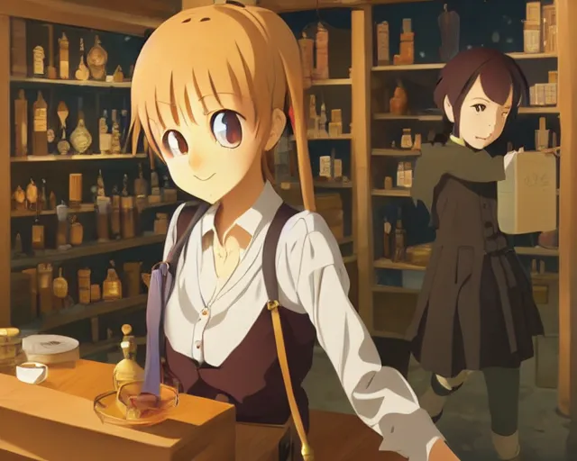 Prompt: anime visual, portrait of a young female traveler in a alchemist's shop interior, cute face by yoh yoshinari, katsura masakazu, studio lighting, dynamic pose, dynamic perspective, strong silhouette, anime cels, ilya kuvshinov, cel shaded, crisp and sharp, rounded eyes, moody, cold colors