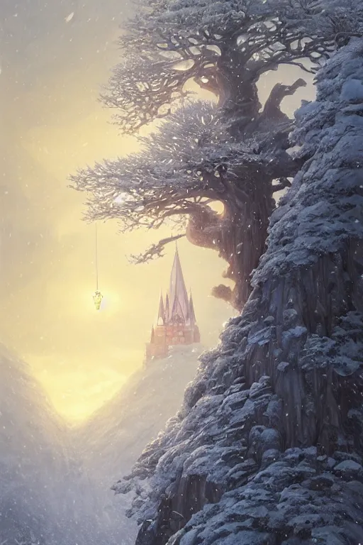 Prompt: giant tree in snow with a castle, unreal engine, fantasy art by greg rutkowski, loish, rhads, ferdinand knab, makoto shinkai and lois van baarle, ilya kuvshinov, rossdraws, tom bagshaw, global illumination, radiant light, detailed and intricate environment