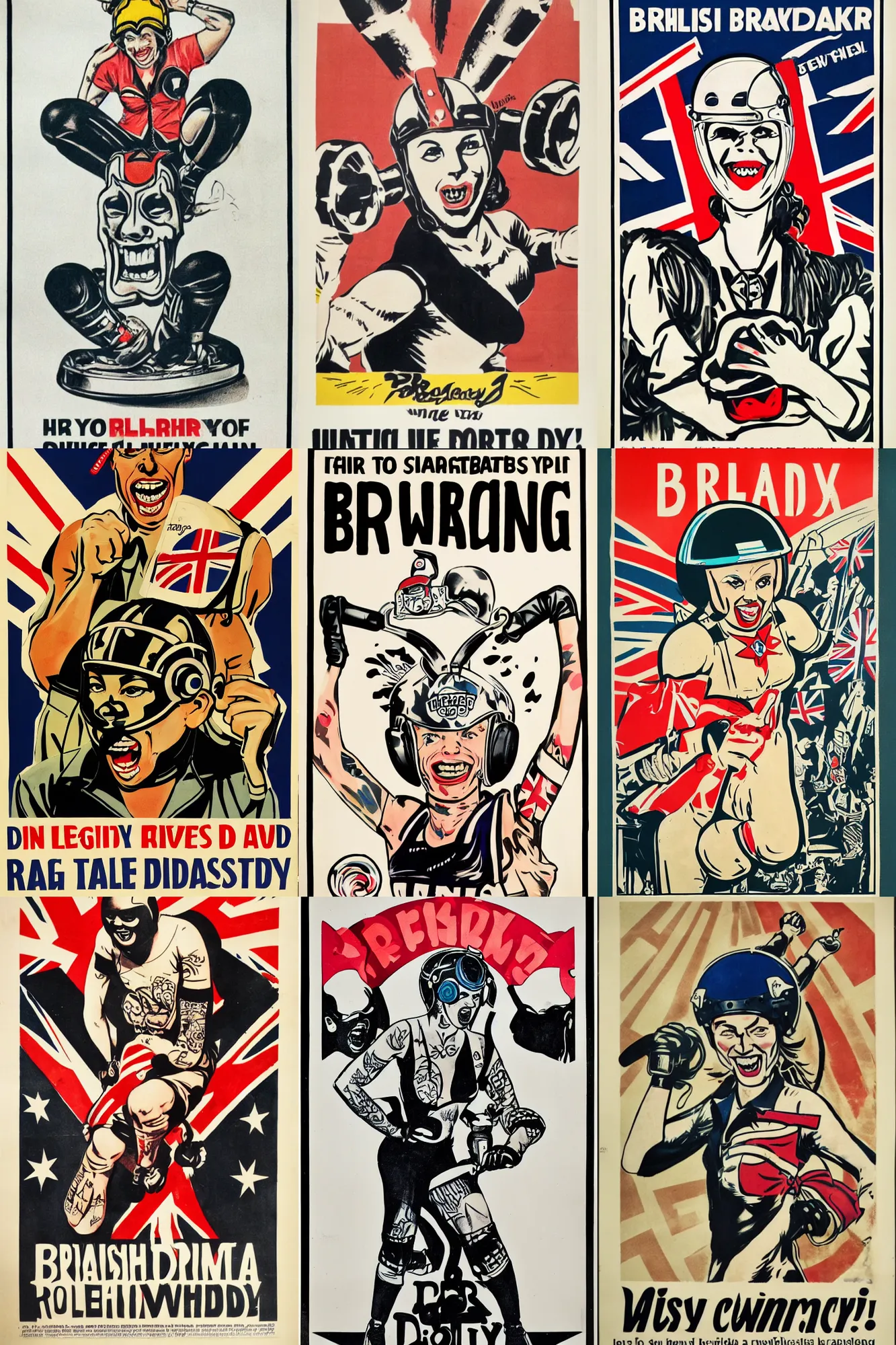 Prompt: british propaganda poster, roller derby, wearing roller derby helmet, tattoos, angry smile