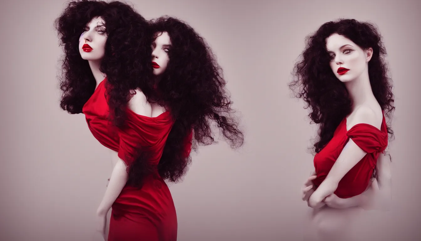 Image similar to a portrait photography of a beautiful woman with black long curly hair and full body dress in red by Flora Borsi, soft natural lighting, pastel colors scheme, fine art photography, dramatic backgroung, 50 mm sigma art