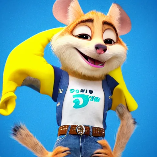 Image similar to 3 d render, portrait, mid shot, anthropomorphic mouse, female, blond fur, blue eyes, wearing denim short shorts and a off yellow tank top shirt, solo, in the style of zootopia