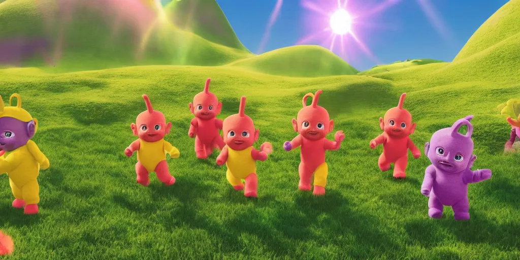 Prompt: teletubbies in the unreal engine, 8k, high detail, volumetric lighting, lensflare