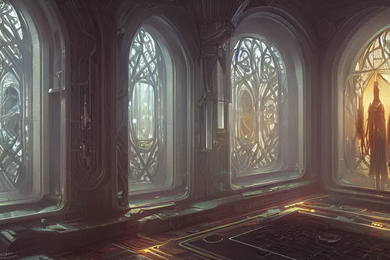 Image similar to a cybernetic room, scifi religious giant window, symmetrical, center punched, Archviz, elegant, intricate, digital painting, artstation, concept art, smooth, sharp focus, illustration, art by artgerm and greg rutkowski and alphonse mucha