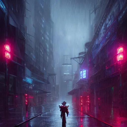 Image similar to Rain at night in a cyberpunk city, fantasy, medieval, vivid colrs, elegant, concept art, sharp focus, digital art, Hyper-realistic, 4K, Unreal Engine, Highly Detailed, HD, Dramatic Lighting by Brom, trending on Artstation