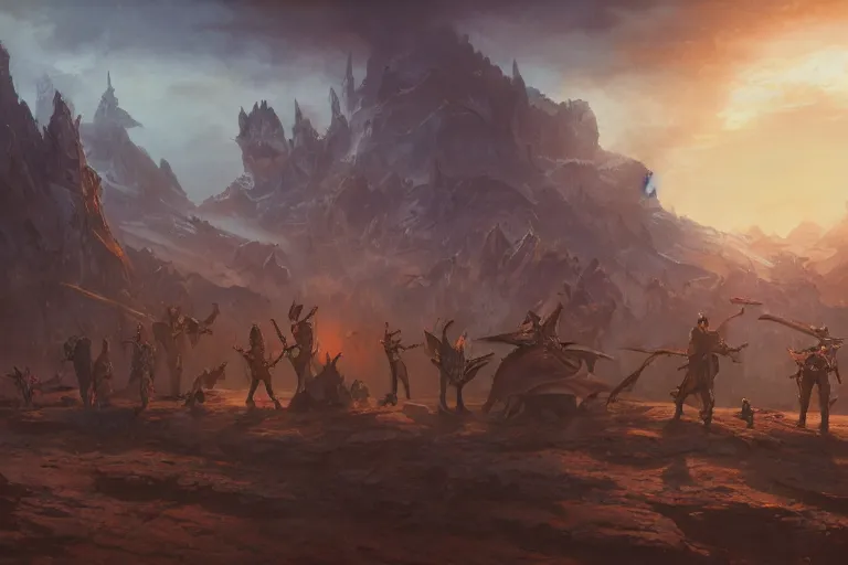 Image similar to allies who long spoke in one voice now squabble over petty differences sunset lighting ominous shadows, cinematic fantasy painting, dungeons and dragons, jessica rossier and brian froud