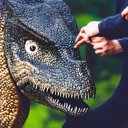 Prompt: stock photo of a dinosaur eating a man