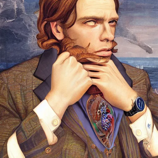 Prompt: gentleman frogman wearing a cravat and hand watches portrait in the museum, highly detailed, sharp focus, digital painting, artwork by Victor Adame Minguez + Yuumei + Tom Lovell + Sandro Botticelli