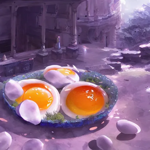 Prompt: Fried eggs made from dragon eggs, fantasy art, art by Makoto Shinkai