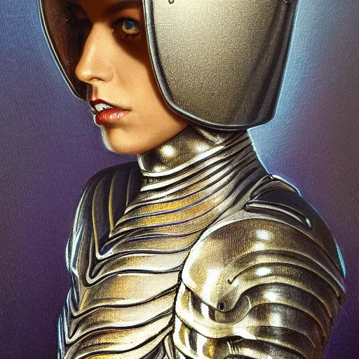 Image similar to full body portrait of beautiful gothic and futuristic fashion model, tight space armour, cyber armour, highly detailed, artstation, illustration, composition, 8 k quality, art by jean delville, rene magritte, hyperrealism oil painting